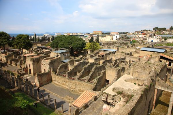 Herculaneum archaeological site below modern Ercolano and the Bay of Naples