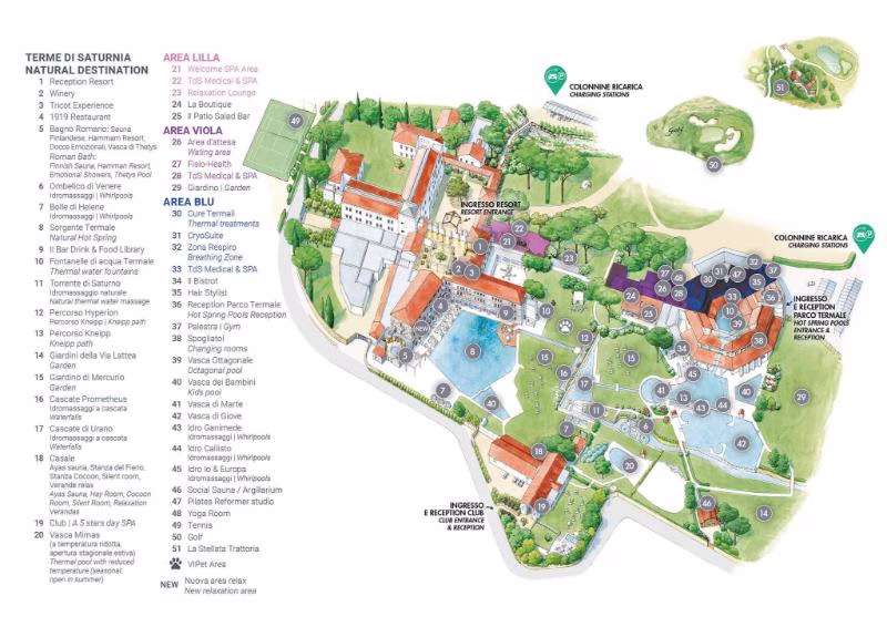 Illustrated map of Terme di Saturnia Natural Destination showing resort buildings, thermal pools, spa areas and golf course