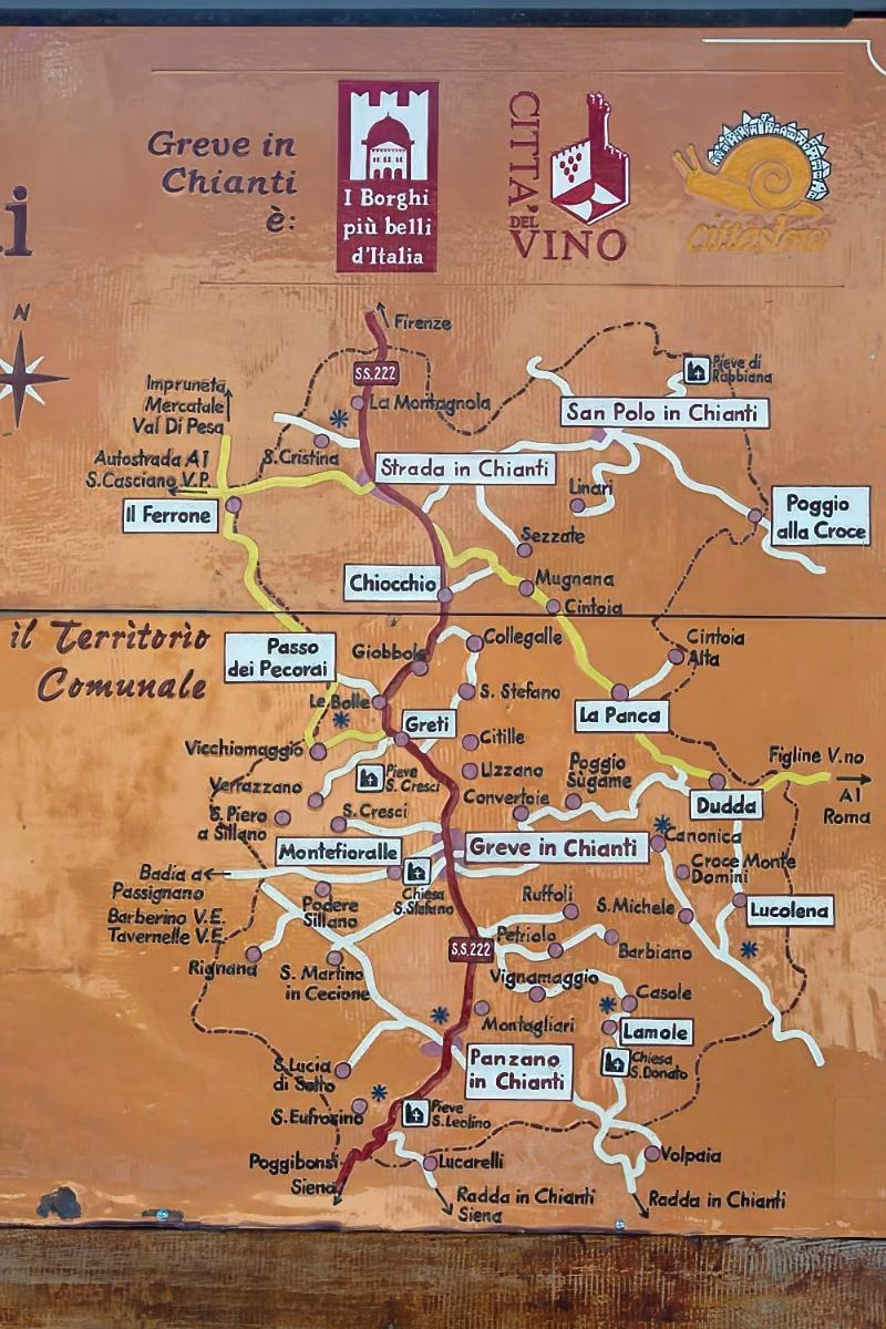 Illustrated tourist map of Greve in Chianti showing villages, roads, wineries and landmarks across the Chianti Classico countryside.