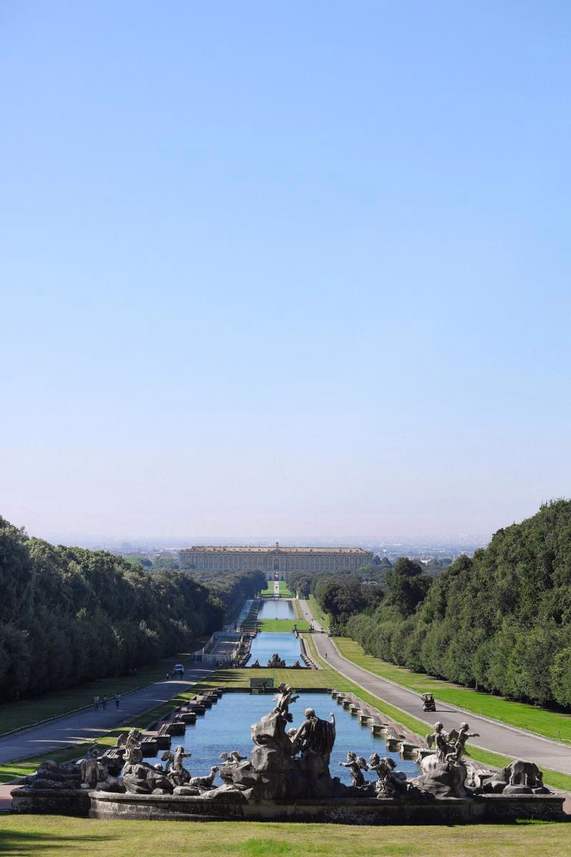 Long view of the water axis and fountains leading to the Royal Palace of Caserta.