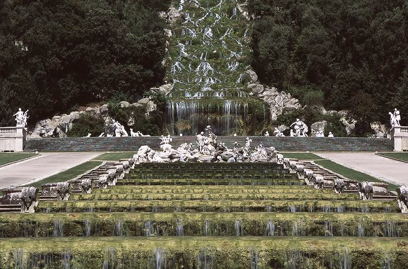 Grand cascade and marble fountain in the gardens of the Royal Palace of Caserta.