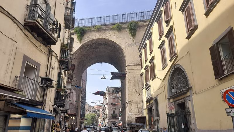Ponte della Sanità arch over the streets of Rione Sanità, Naples