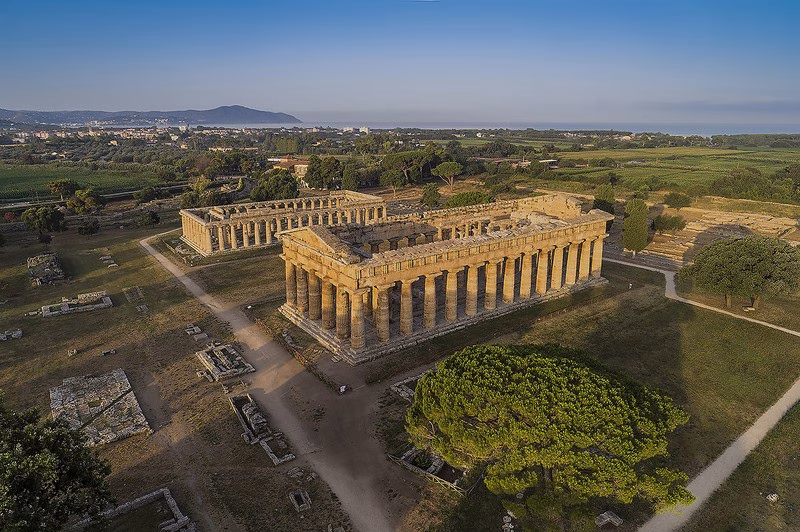 Aerial view of the Temple of Neptune and the Basilica at Paestum