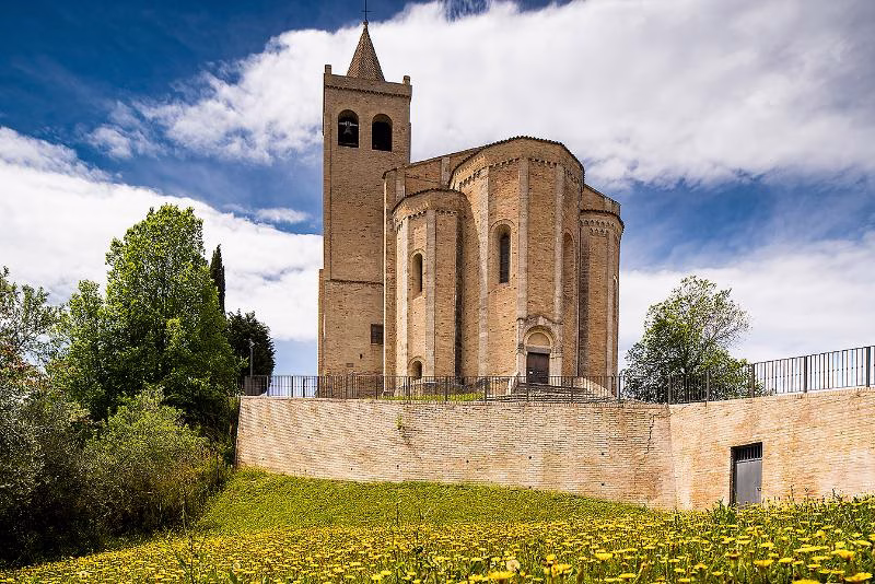 Santa Maria della Rocca in Offida, a Romanesque brick church set on a hilltop above the historic centre
