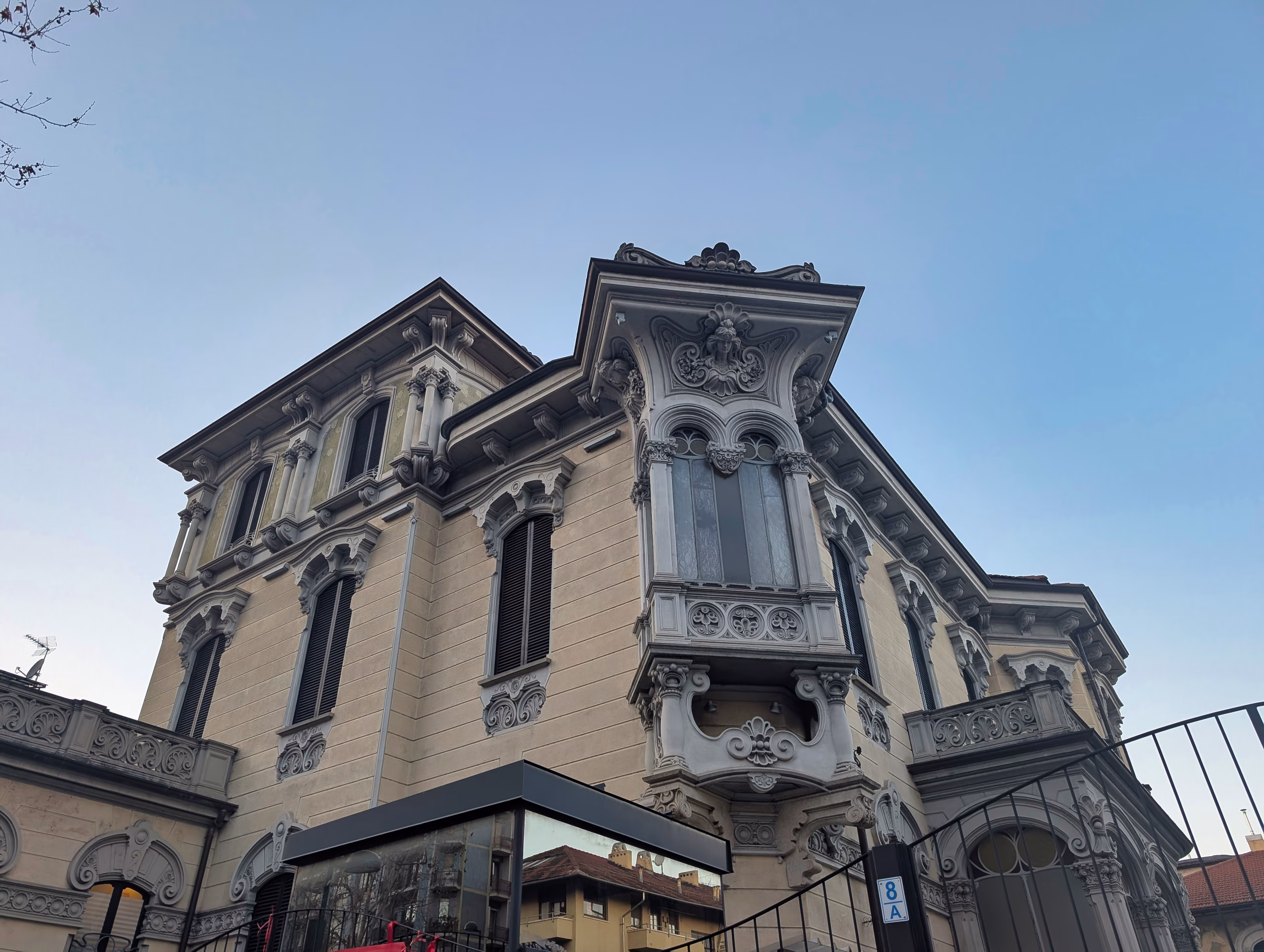 Villino Raby, Corso Francia 8 (Turin) — Liberty residence Villino Raby at Corso Francia 8 in Turin, an early 20th-century Liberty residence with an asymmetrical façade, prominent bow-window and rich stucco decoration.