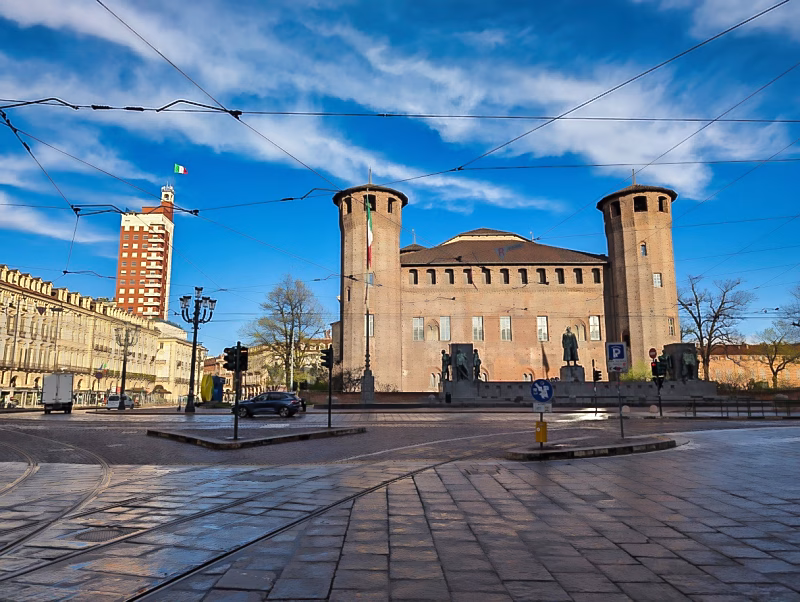 Palazzo Madama in Piazza Castello, Turin, with medieval towers and baroque facade