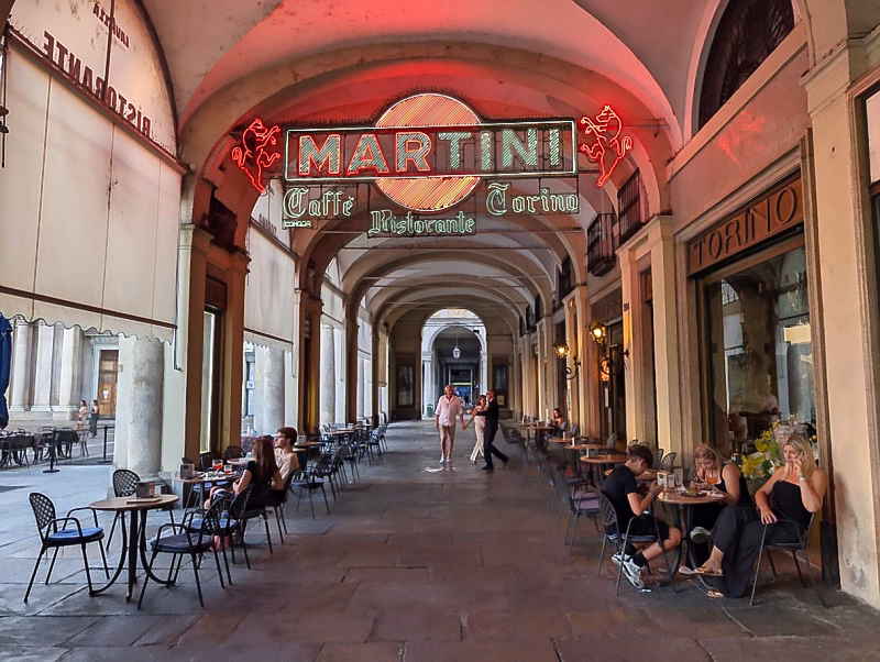 Turin porticoes with cafés and shops under arcades in the historic centre