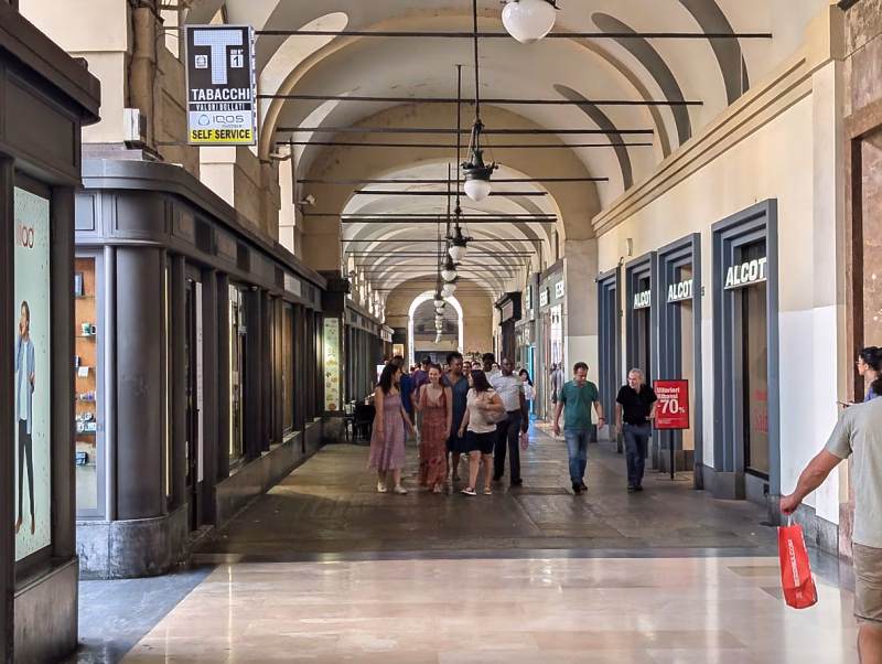 Turin porticoes with cafés and shops under arcades in the historic centre