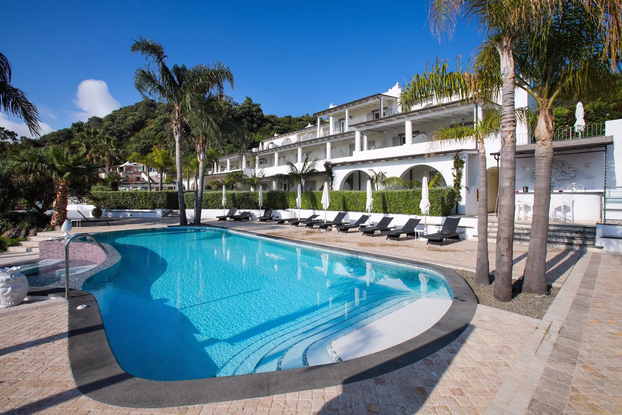 Hotel Mea swimming pool and main building above Lipari town