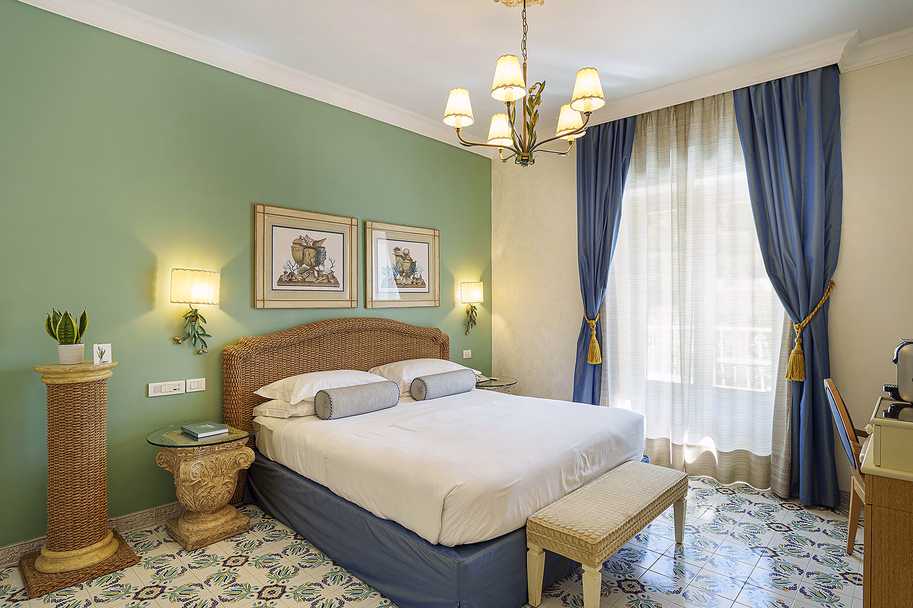 Green and blue bedroom with balcony at Palazzo Manzi Terme and Spa