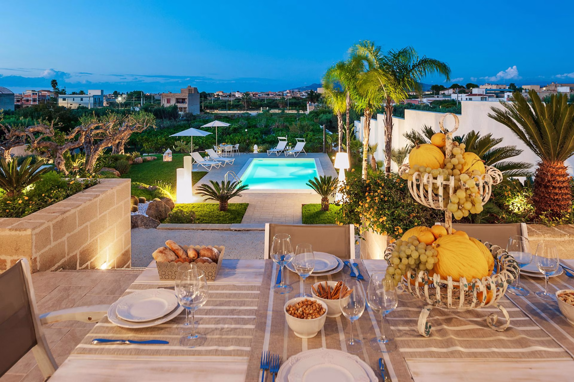 Evening terrace and pool view at Villa Pina