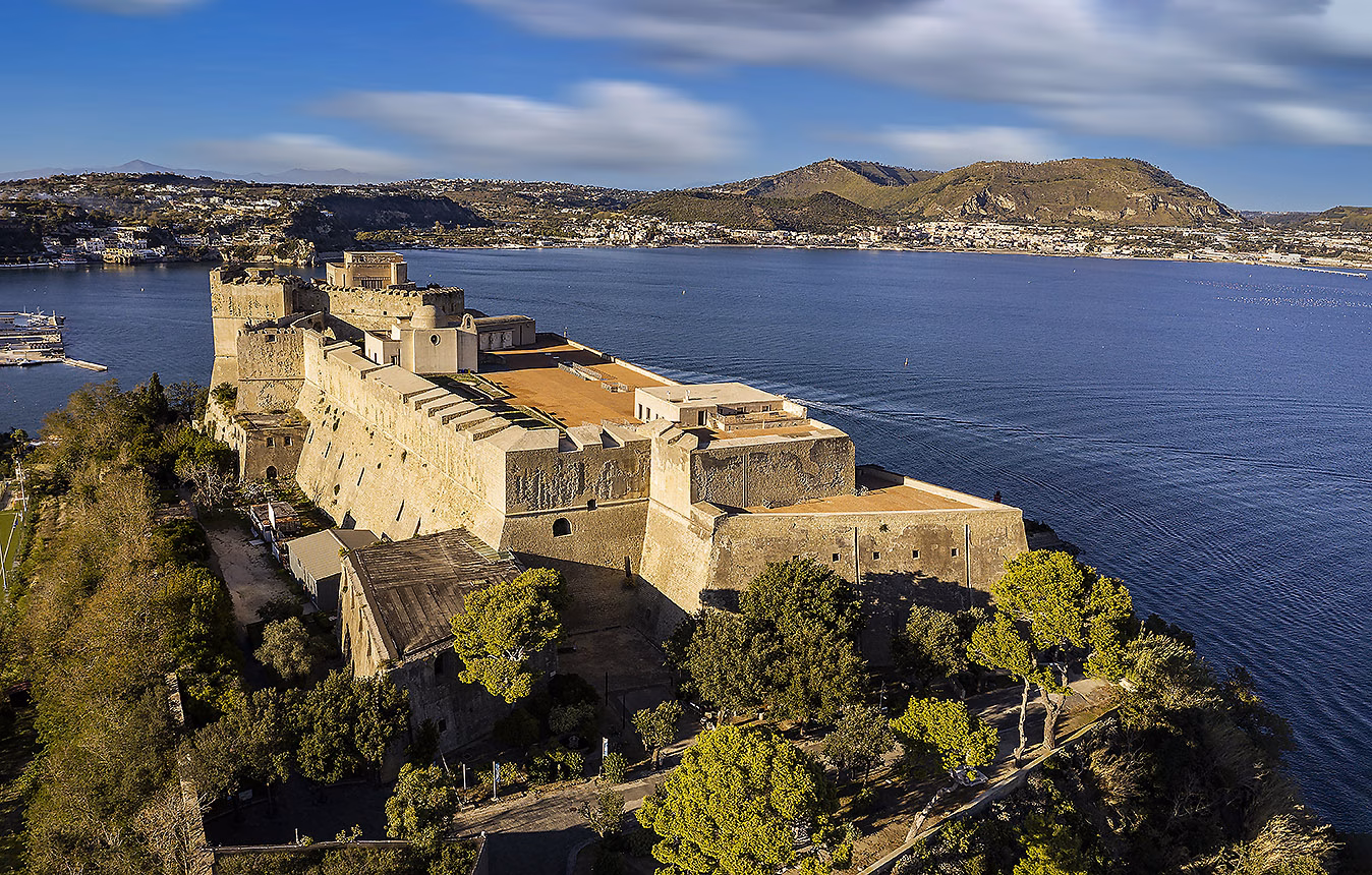 Aerial view of the Castle of Baia above the coast