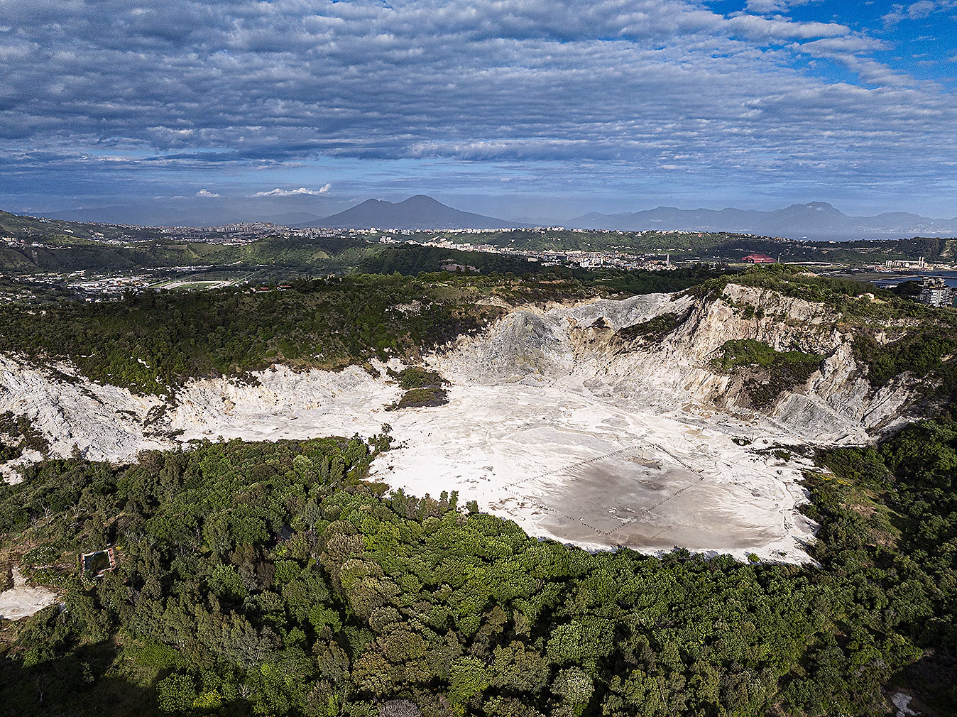 Aerial view of the Solfatara crater and surrounding Phlegraean landscape