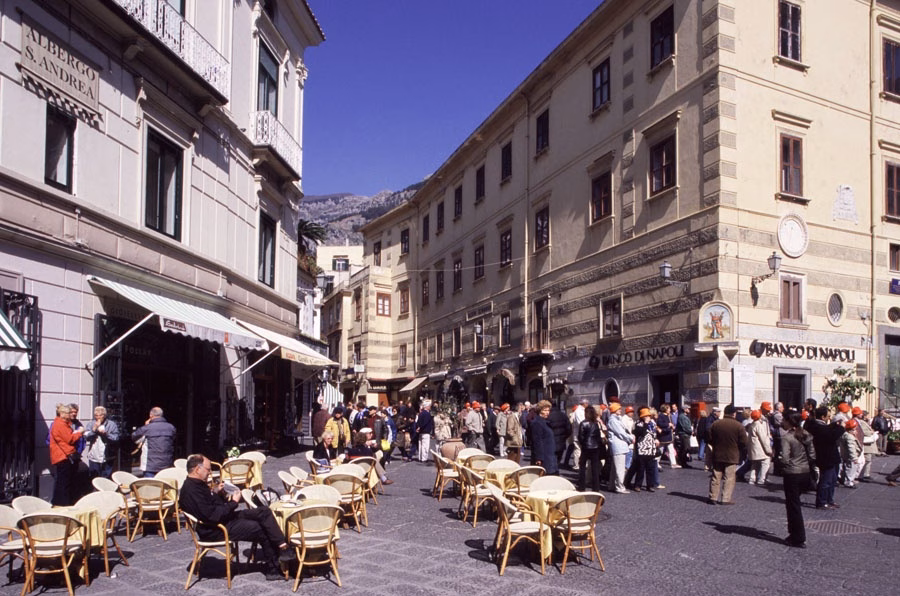 Cafés and people in Piazza Duomo, Amalfi