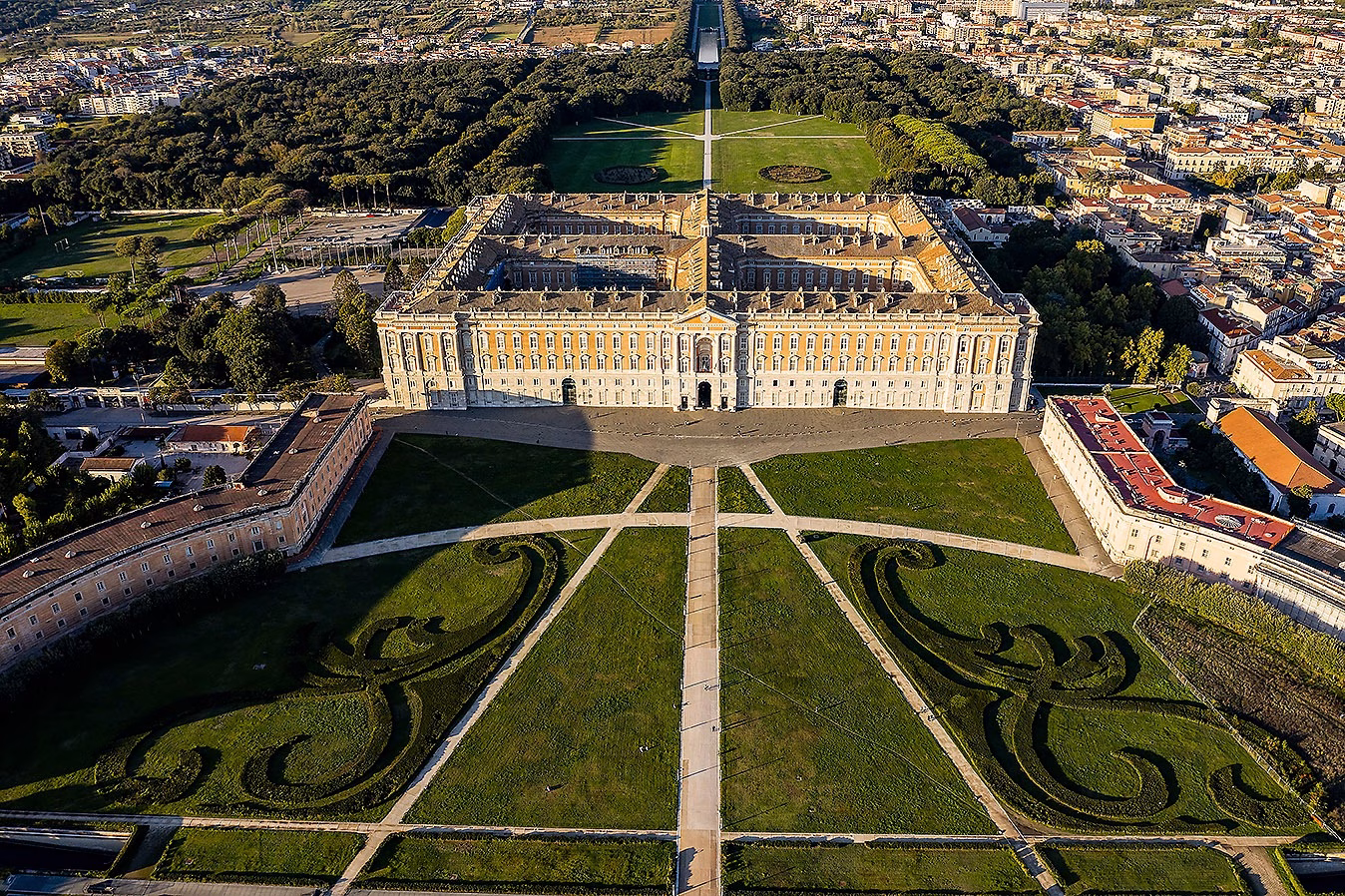 Aerial view of Caserta’s Royal Palace and its formal gardens