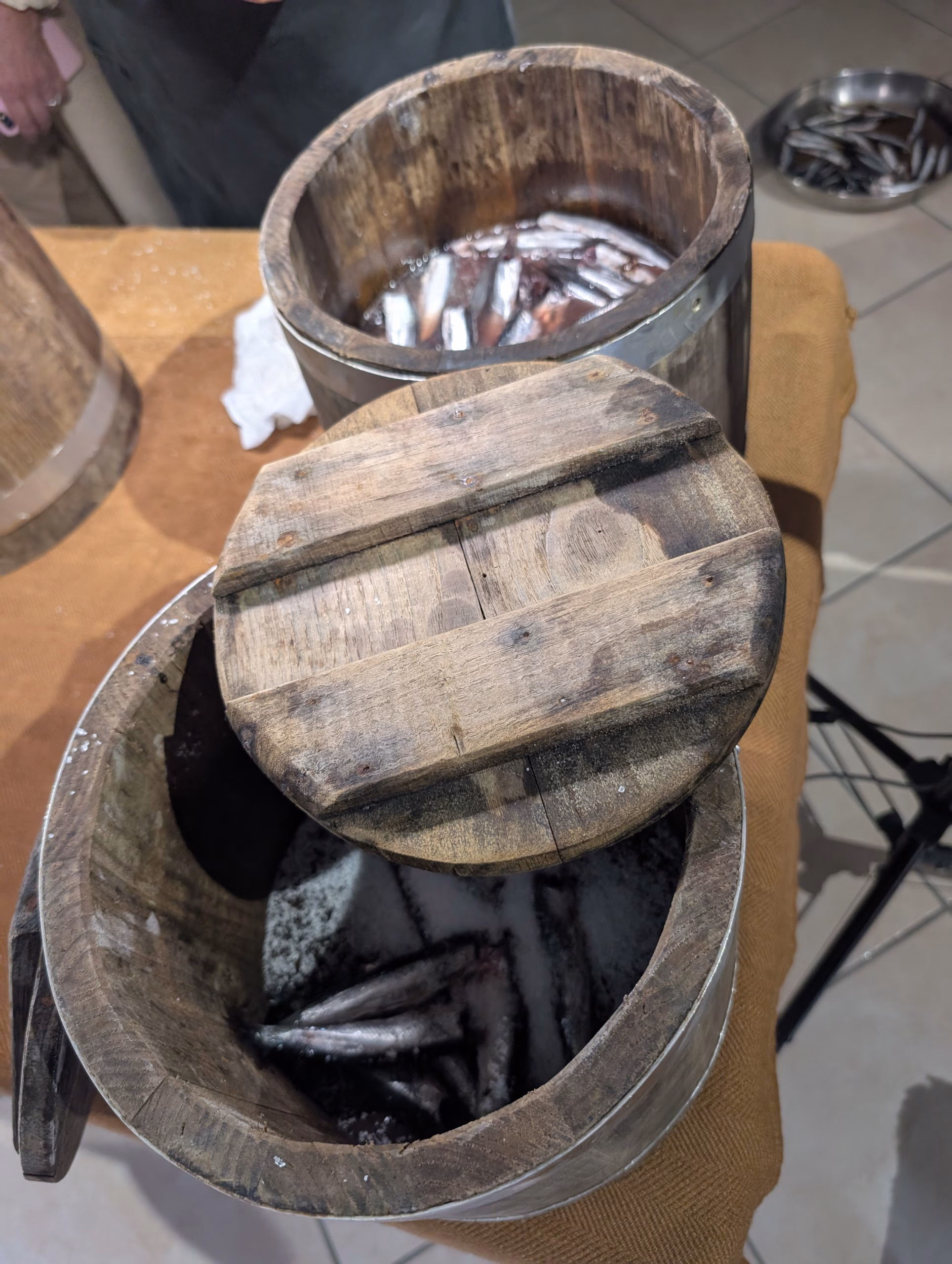 Anchovies layered in wooden barrels in Cetara