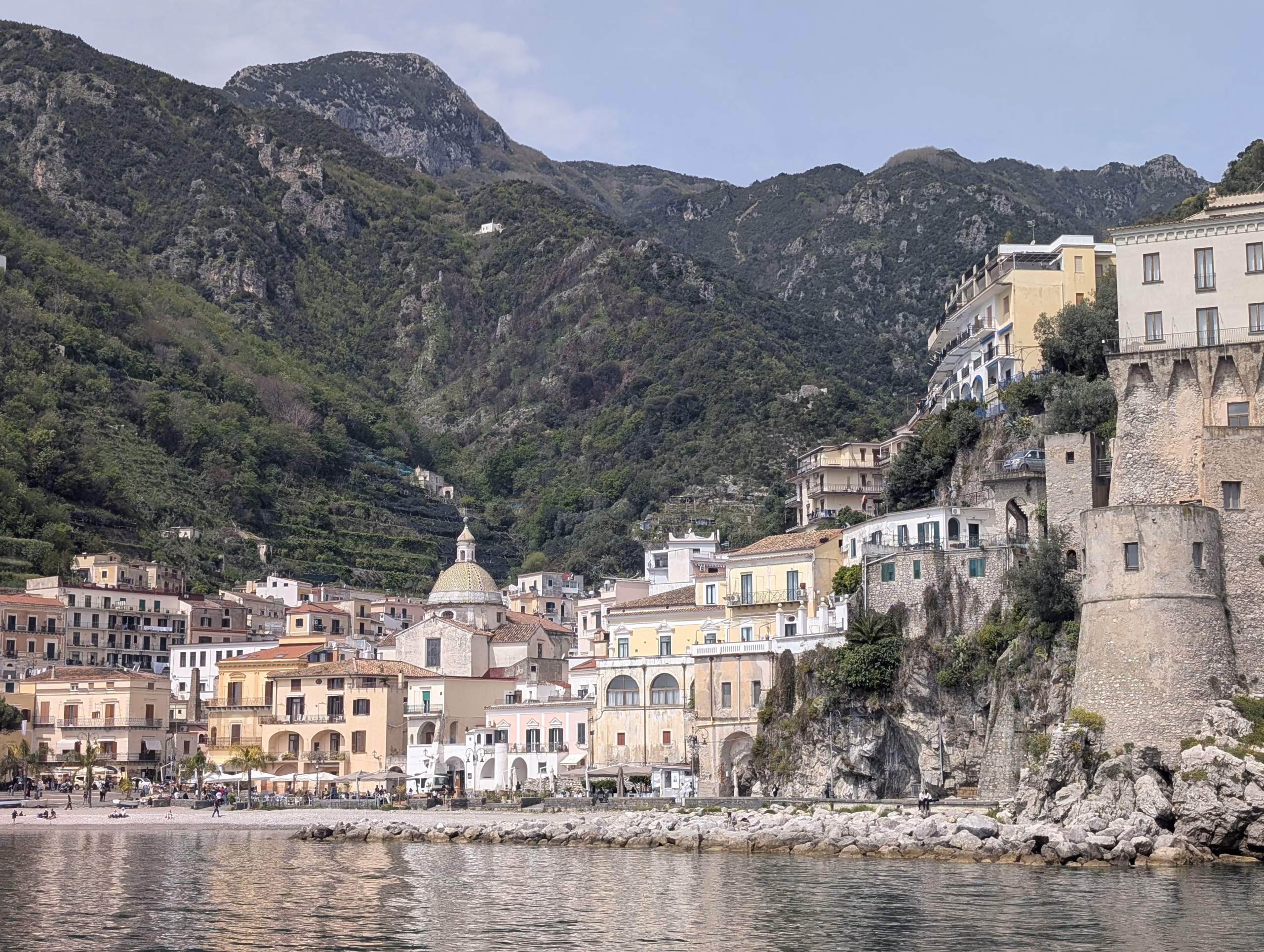 Cetara waterfront with San Pietro church and coastal tower