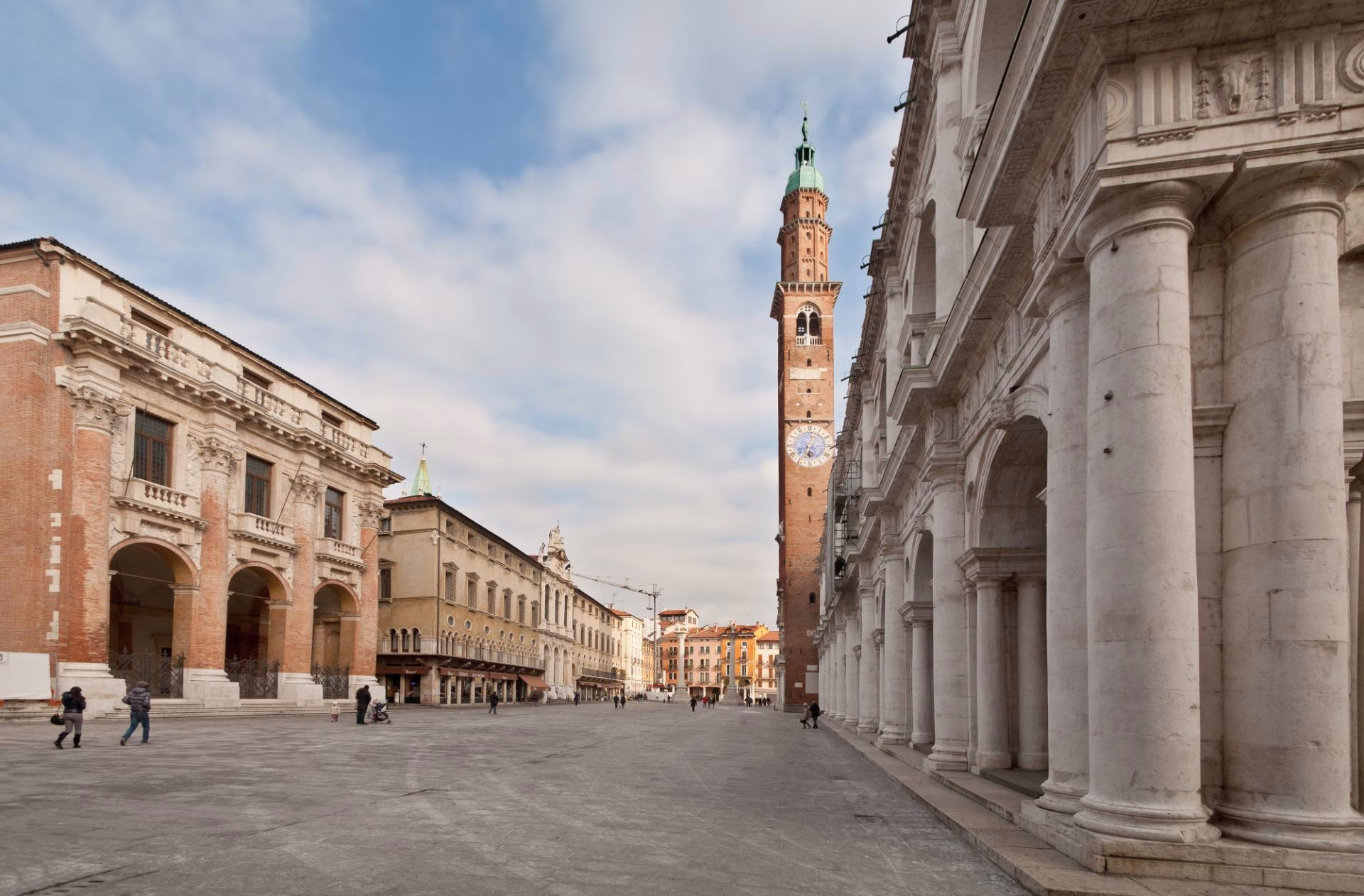 The Basilica Palladiana’s columns beside Piazza dei Signori, with the Loggia del Capitaniato opposite