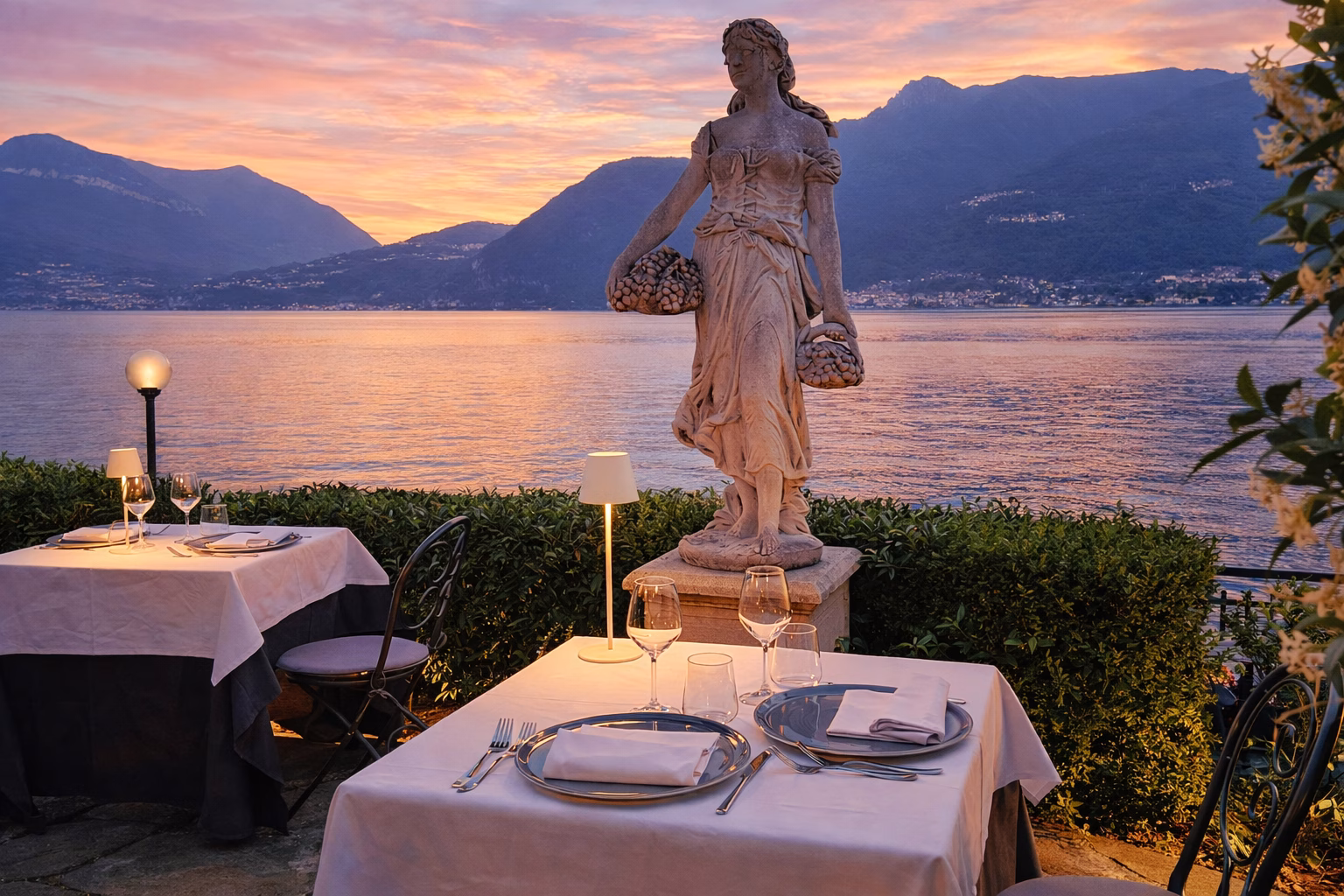 Dinner table and mountain views at Hotel Meridiana at sunset